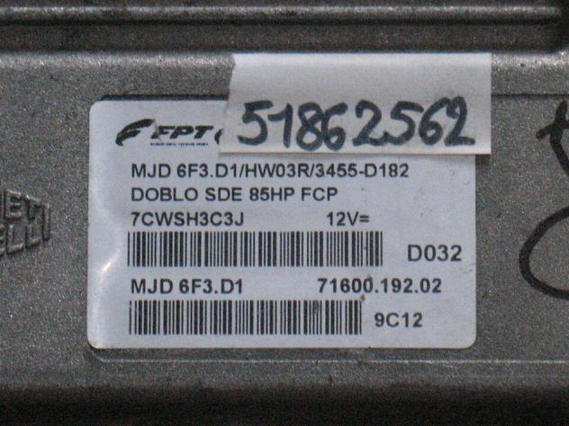 51862562 ECU CENTRALINA FIAT DOBLO 1.3 51862562 MJD 6F3.D1 HW03R 85HP - Foto 2