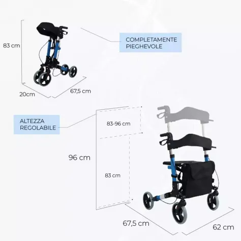 Deambulatore per Anziani Pieghevole, Con Seduta E 4 Ruote, Mobiclinic Trajano - Foto 5