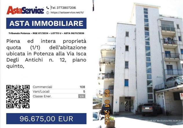 87/2024 U PZ - Tribunale Potenza - RGE 87/2024 - LOTTO U - ASTA 06/11/2026