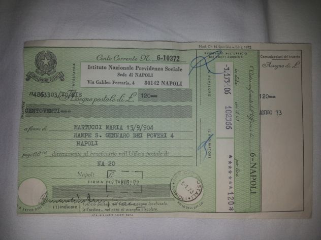 assegni postali INPS emessi a Napoli  1970-1973 - Foto 3