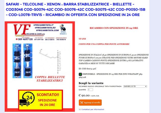 SAFARI - TELCOLINE - XENON BARRA STABILIZZATRICE - BIELLETTE