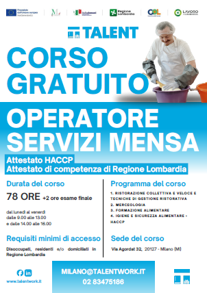 Corso gratuito di addetto / addetta mensa con HACCP dal 11/05/2026 al 28/05/2026