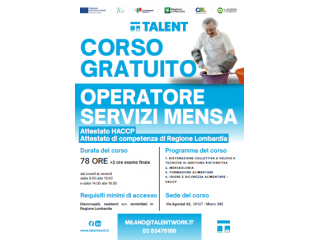 Corso gratuito di addetto / addetta mensa con HACCP dal 11/05/2026 al 28/05/2026