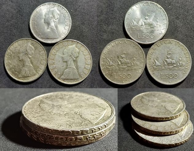 Lire 500 CARAVELLE argento 1965 - 1966, 3 MONETE.