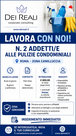 ADDETTI/E ALLE PULIZIE CONDOMINIALI – ROMA (ZONA CAMILLUCCIA)