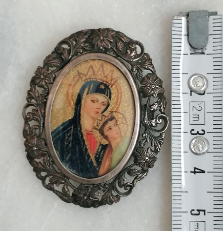 ANTICA SPILLA IN ARGENTO CON MINIATURA SFONDO ORO MADONNA CON BAMBINO, 1800. - Foto 9