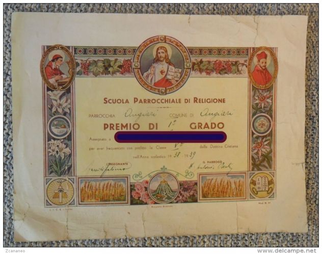 GRANDE RICORDO PREMIO 1° GRADO SCUOLA DI RELIGIONE 1938/39 ANGIARI VERONA -