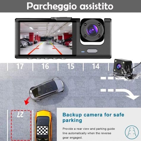 Dash Cam 3 canali Full HD 1080P anteriore posteriore abitacolo LCD 3" G-Sensor - Foto 5