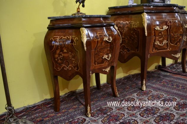 Comò e coppia di comodini intarsiati stile Luigi XV - Foto 7