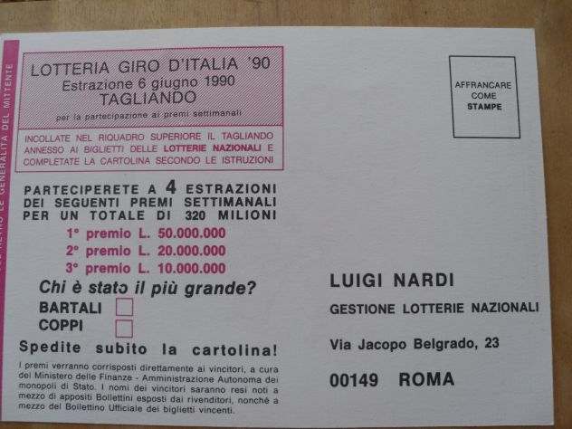 CARTOLINA LOTTERIA NAZIONALE GIRO D'ITALIA 90 - - Foto 2