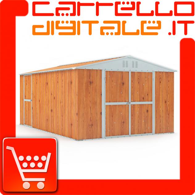 Box in Acciaio Zincato Casetta da Giardino in Lamiera 3.27 x 4.59 m x h2.17 m - 201 KG – 15,01 metri quadri – LEGNO