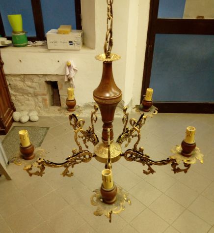 Lampadario 5 Luci bracci in Ottone e legno