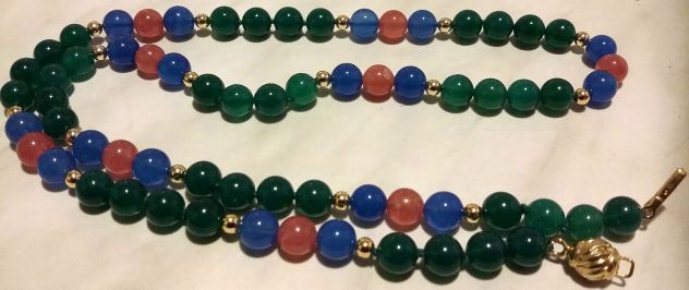 Collana di perle in agata verde, agata blu, rodocrosite chiusura argento dorato - Foto 4