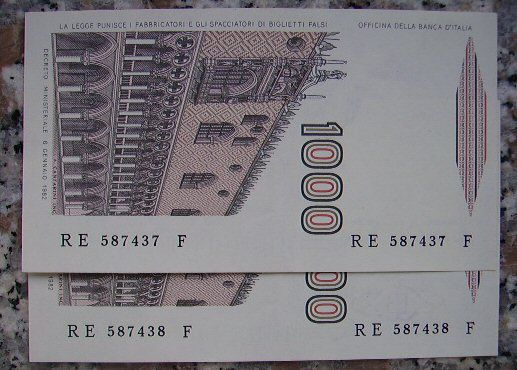 1.000 LIRE CON NUMERI DI SERIE CONSECUTIVI IN FDS -