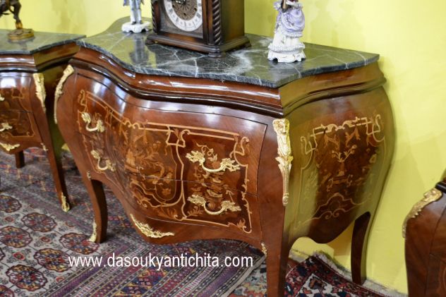 Comò e coppia di comodini intarsiati stile Luigi XV - Foto 6