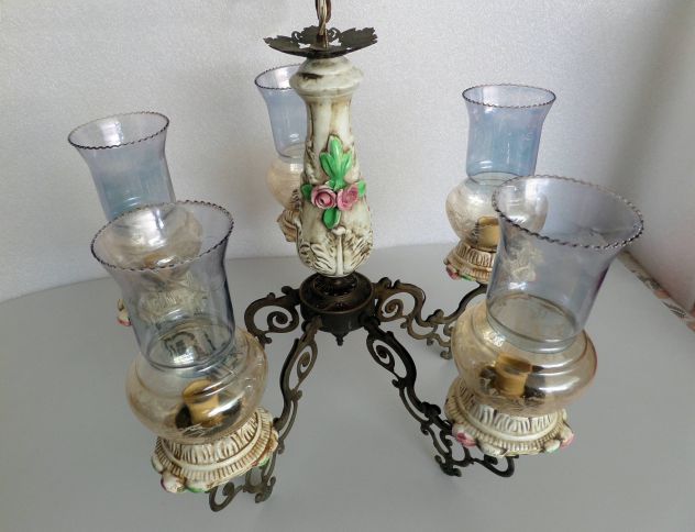 Lampadario d'epoca (anni 60/70) in ceramica, a 5 braccia, con ampolle - Foto 7