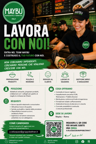 OFFERTA DI LAVORO – ADDETTO/A RISTORANTE MAYBU
