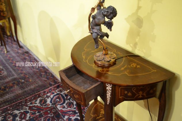 Tavolino-comodino mezzo giro intarsiato stile Luigi XV - Foto 8