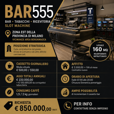Bar Tabacchi Ricevitoria con slot zona centrale - rif. BAR555