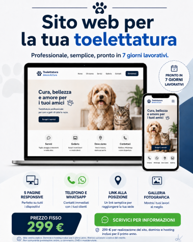 Sito web per toelettature — 5 pagine, dominio e hosting inclusi, 299 €