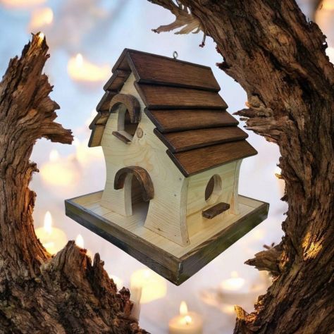 HERCHR Casetta Per Uccelli In Legno Da Esterno Con Corda - 18x16x17cm Per Pappagallini, Fringuelli, Colibrì - Regalo Natura