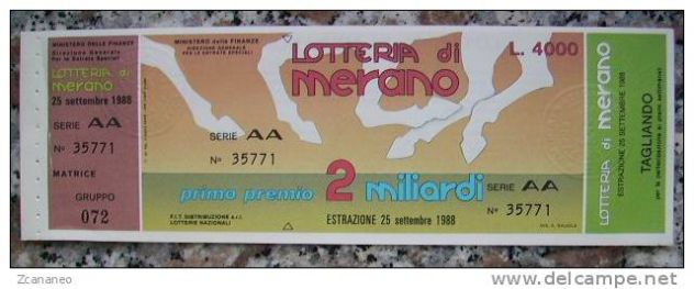 LOTTERIA DEL 1988 MERANO CON TAGLIANDO E MATRICE IN FDS -