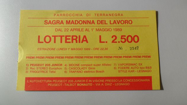 BIGLIETTO DELLA LOTTERIA DI TERRANEGRA LEGNAGO VERONA 1989 - IN FDS -