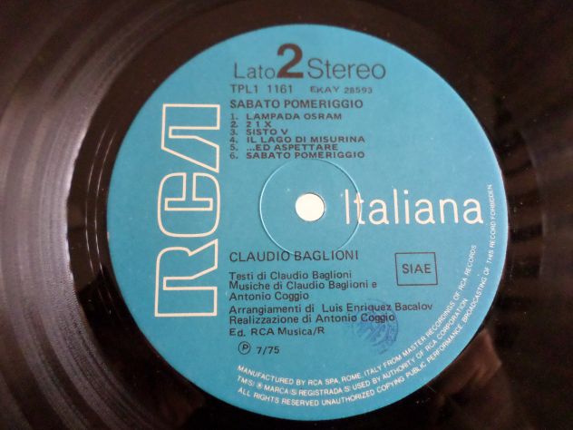 CLAUDIO BAGLIONI - Sabato Pomeriggio - LP / 33 giri 1° Stampa 1975 RCA Italy - Foto 3