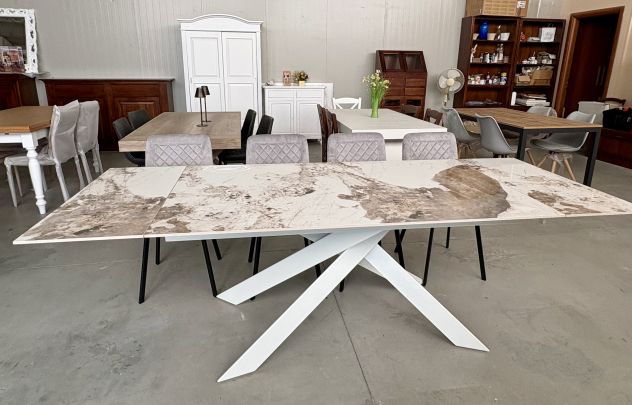 NUOVO TAVOLO 160x90 ALL. 240x90 PIANO VETRO CERAMICA GAMBE FERRO BIANCO - Foto 6