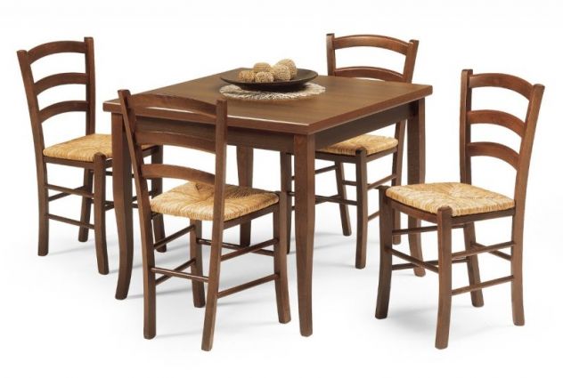 TAVOLO FISSO IN LEGNO CUCINA BAR E 4 SEDIE MOD VENEZIA PAGLIA NOCE SCURO