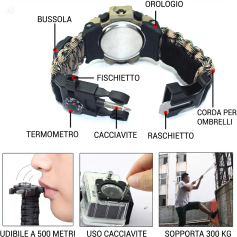 Braccialetto Tattico Multifunzione 7-in-1 – Orologio Survival Professionale - Foto 2