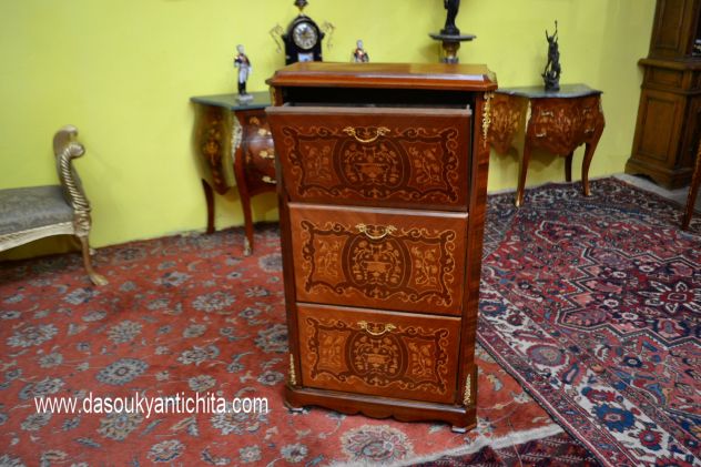 Scarpiera intarsiata stile Napoleone III tre ripiani a ribalta - Foto 6