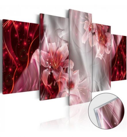 Quadro Rosso Con I Fiori Cm.100x50 O 200x100 Su Vetro Acrilico