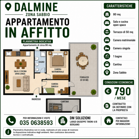 Dalmine due camere con ampio terrazzo e cantina