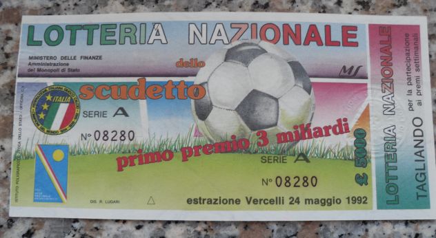 BIGLIETTO LOTTERIA SCUDETTO 1992 con tagliando FDS senza scritte tagli pieghe -