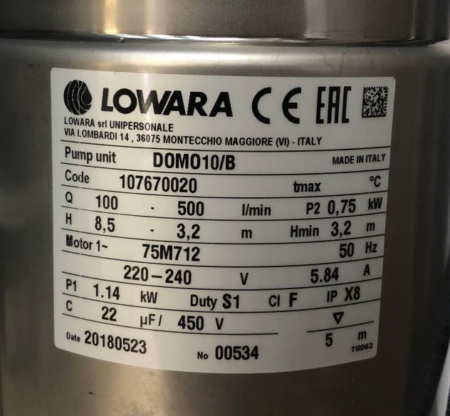 DOMO10B Lowara - Pompa sommergibili acque cariche liquami V230- 500 litri/min.