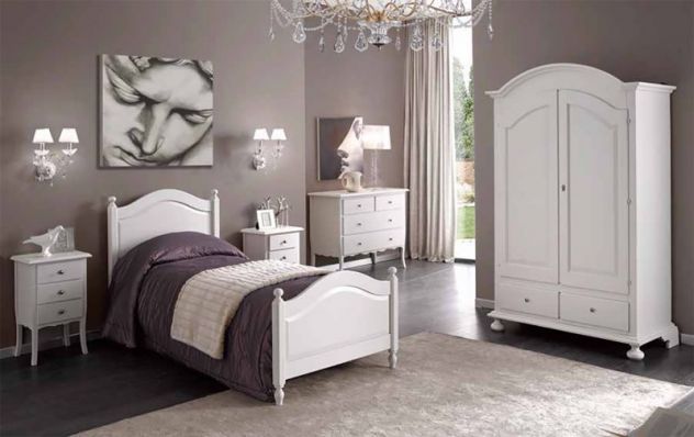 ARREDO CAMERA SHABBY LETTO SINGLOLO ARMADIO COMO' 2 COMODINI LACCATO BIANCO