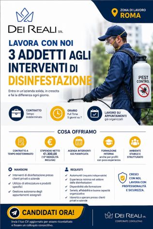 Ricerca urgente: n. 6 Addetti alla Disinfestazione (Ambosessi)