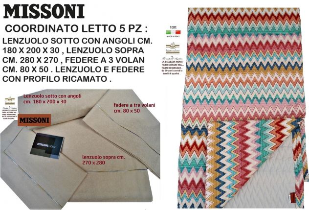 Missoni ; completo lenzuola + copriletto quilt trapuntato