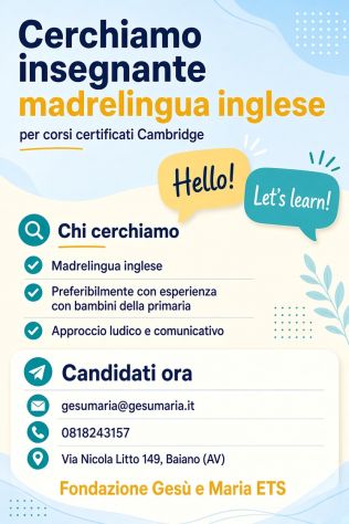 CERCHIAMO  URGENTEMENTE INSEGNANTE MADRELINGUA INGLESE