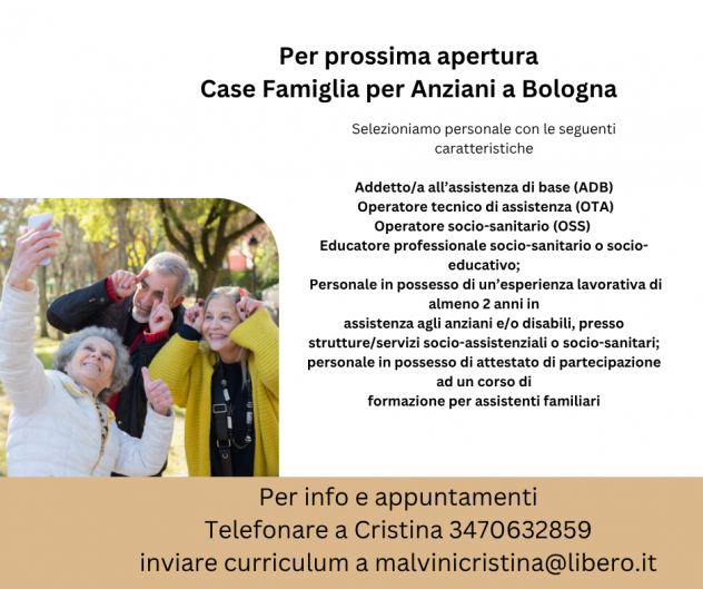 Cercasi Operatrici e operatori per Casa Famiglia per Anziani Bologna