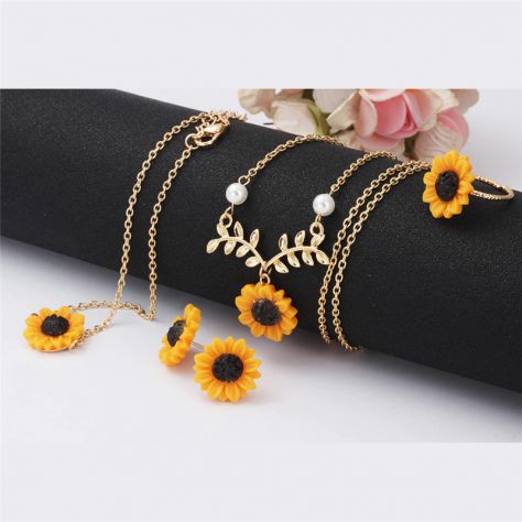 GIOIELLI GIRASOLE SET COLLANA + ORECCHINI + ANELLO + BRACCIALE ORO/ARGENTO/ROSA - Foto 2