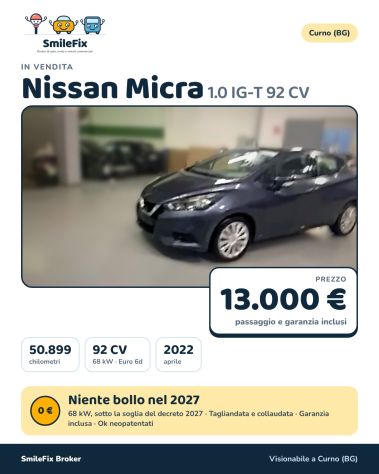Nissan Micra 1.0 IG-T 92 CV 2022 - 50.899 km - garanzia inclusa