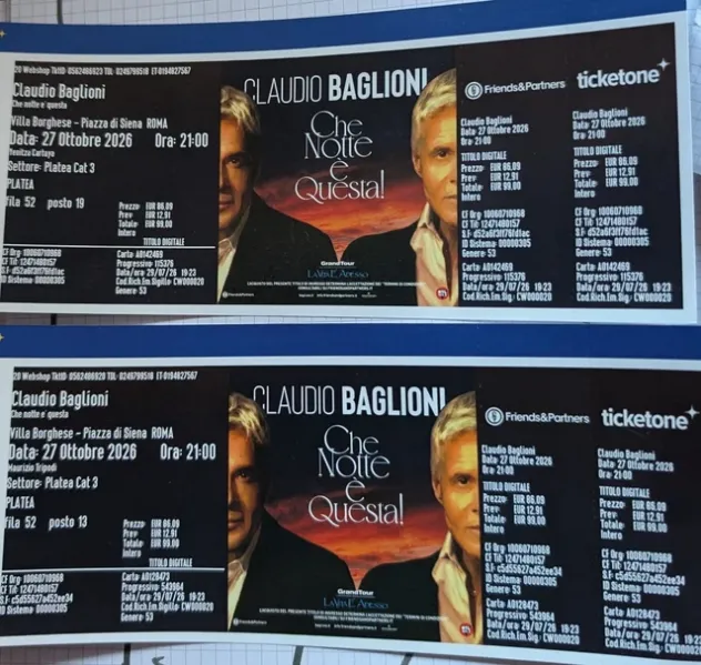 2 Biglietti Claudio Baglioni Villa Borghese 27 Ottobre 2026 21:00