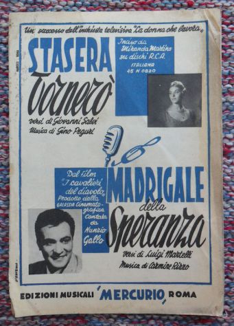 SPARTITO STASERA TORNERO' MADRICALE DELLA SPERANZA - SAX FISARMONICA VIOLINO TRO