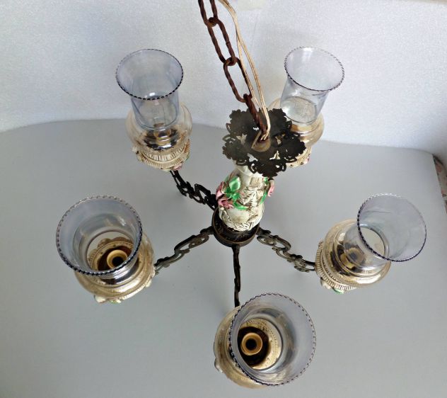 Lampadario d'epoca (anni 60/70) in ceramica, a 5 braccia, con ampolle - Foto 5