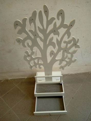 Espositore portagioie in legno bianco a forma di Albero con cassetto alla base, - Foto 2