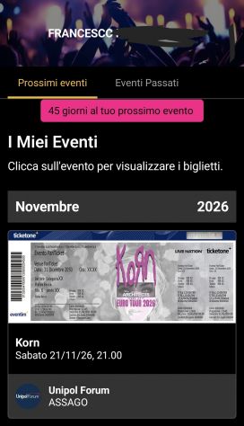 BIGLIETTI PARTERRE CONCERTO KORN MILANO 21 NOVEMBRE 2026
