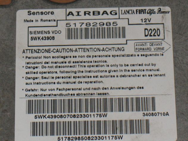 51782985 ECU AIRBAG FIAT 500 51782985 5WK43908 - Foto 2