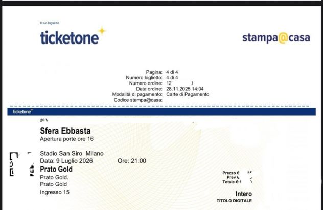 Biglietti concerto Sfera Ebbasta Milano San Siro 09/07/2026 PRATO GOLD